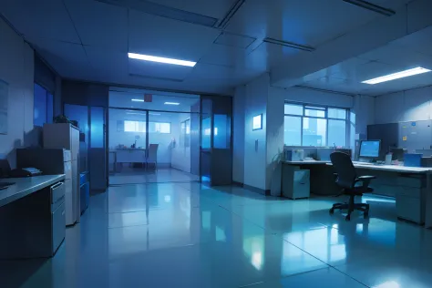 An office with blue lights, professional, elegant, anime style