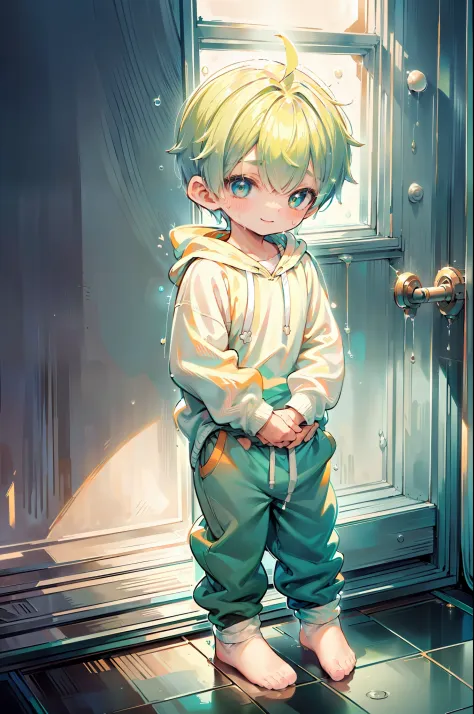 Masterpiece, chubby Little boy with green hair and shiny bright orange colored eyes and small socks wearing a hoodie, and oversi...