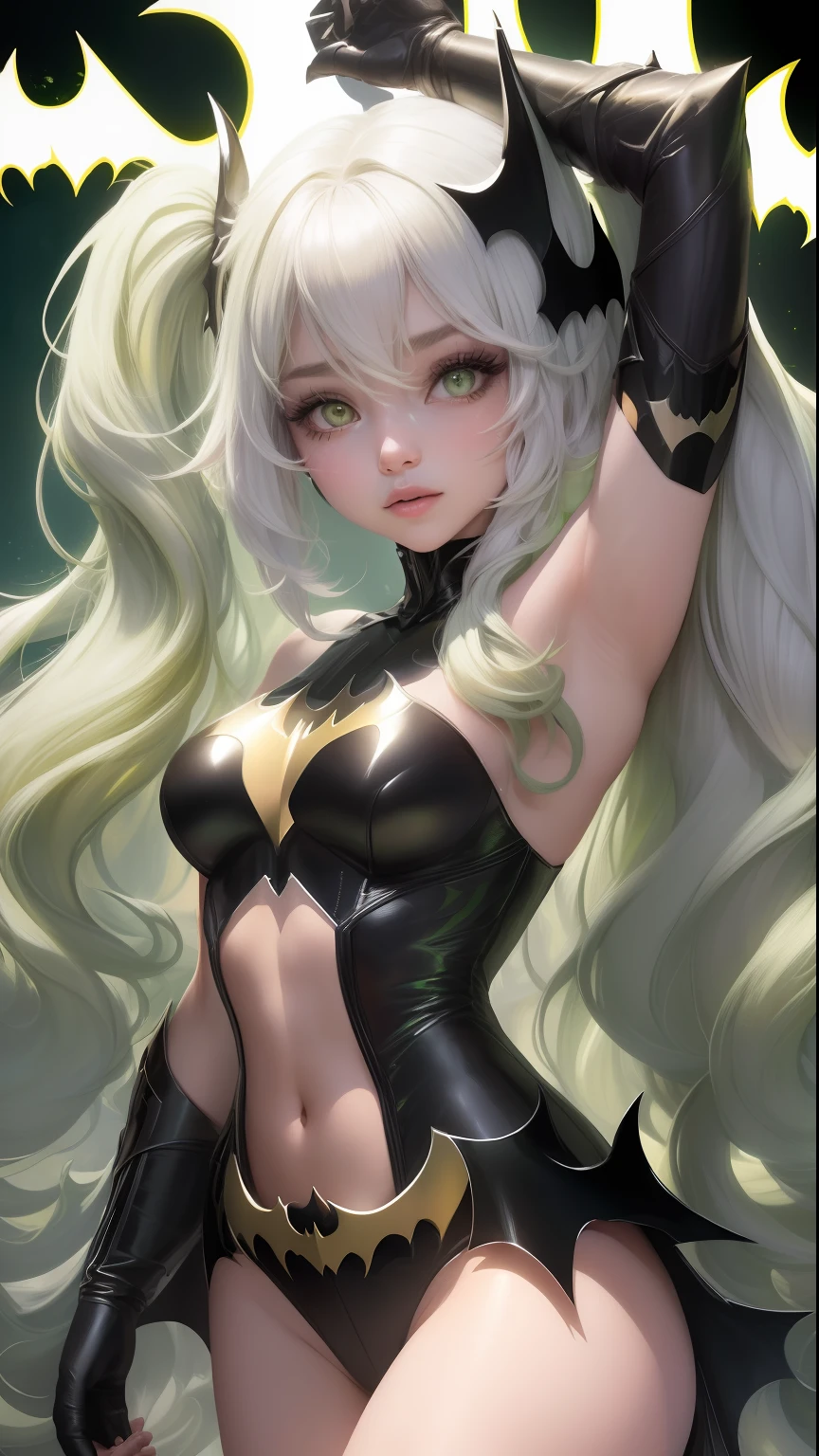 "((best quality,best ilumination)), Cute model with long white hair and athletic body, abdomen detalhado (((vestindo BATMAN))), seios acentuados e destacados, dynamic pose, fundo colorido, high saturation, luzes vibrantes." corpo inteiro (((cabelo branco))) (((olhos verdes)