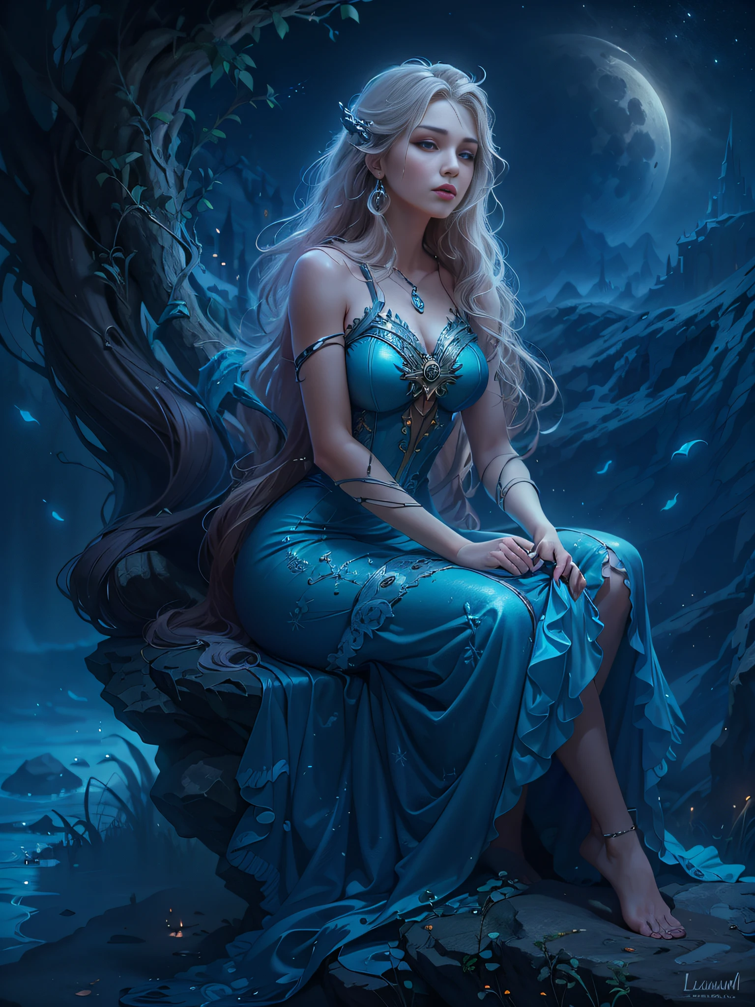 Arafed Frau in einem blauen Kleid sitzt auf einem Felsen, Lucian, Mondgöttin, karol bak uhd, Porträt einer nordischen Mondgöttin, Mondscheinnacht verträumte Atmosphäre, Fantasie Frau, Göttin des Mondes, Traum magisch、Ätherisch、dunkel, ätherische Schönheit, Mondgöttin, Schöne Rapunzel, wunderschönes Fantasiemädchen, verträumte Nacht