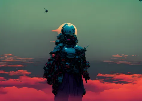 textless, wide shot, background ocean of clouds, cyberronin, (cyber-samurai:1.2)