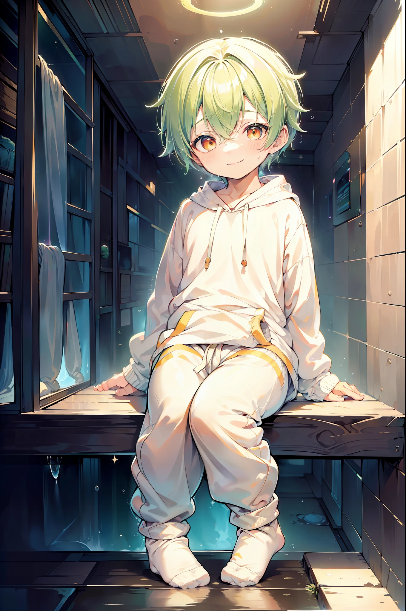 Masterpiece, chubby Little boy with green hair and shiny bright orange colored eyes and small socks wearing a hoodie, and oversized sweatpants sitting in a his room, raining outside window, young, boy, child, small, toddler, soft light, (sweatpants:1.4), (undersized socks:1.4), (Boy:1.4), (Shota:1.4), (Young:1.4), (Male:1.4), (smiling:1.4), (foot:1.4), (shy:1.4), (pastel:1.0), (colors:1.0), (cute colors:1.0), (divine:1.0),