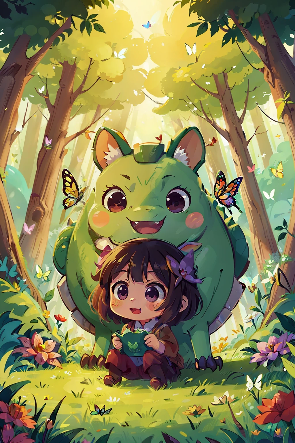  Reiko , Glück , Inspiration aus Anime: Eine 5,000 Jahre alter pflanzenfressender Drache ist ungerechterweise böse, Wald , Blume , Schmetterling voller Farbe Freude, romantische Atmosphäre, Warmes Licht.