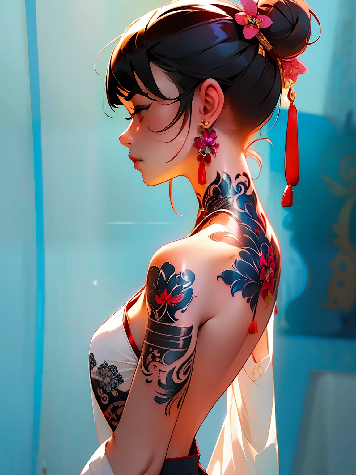 (masterpiece best quality:1.4),1girl, (tattoo of chinese text:1.5), solo, back tattoo, hair flowers, long hair, blue eyes, looking at viewer,back tattoo,tattoo,looking back, from behind, black hair, tassel, bare shoulders, hanfu, chinese clothes,back, bangs, upper body, earrings, indoors, nape, off shoulder, jewelry, eyelashes, lips, back focus, profile, hair bun, sliding doors, piercing, single hair bun,