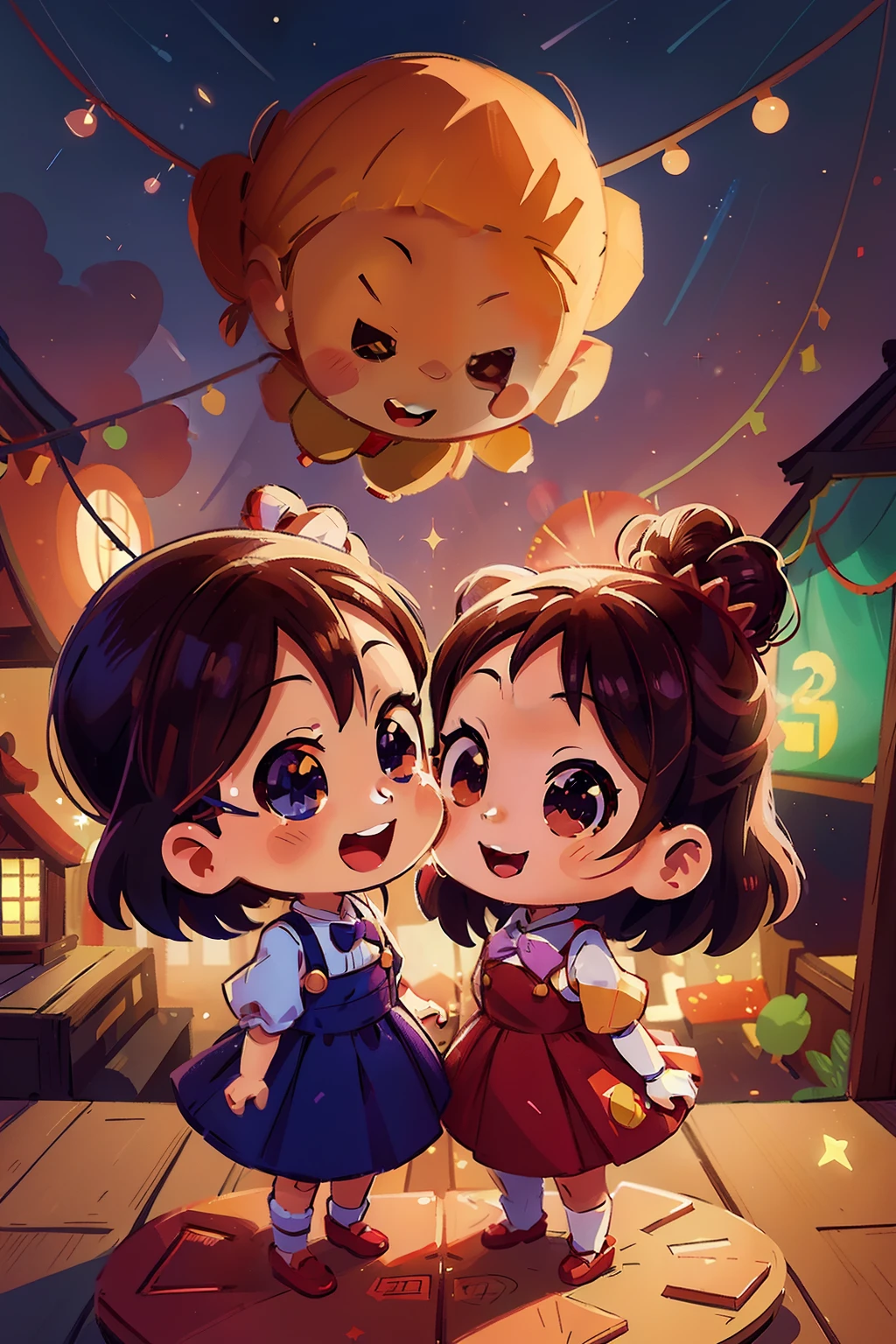 two dolls dressed in costumes stand next to each other, yoshitomo nara and aya takano, [ fireworks in the sky ]!!, style as nendoroid, nendroid, nendoroid 3 d, happy!!!, sparkling magical girl, good smile company anime style, 8k artgerm bokeh, fanart