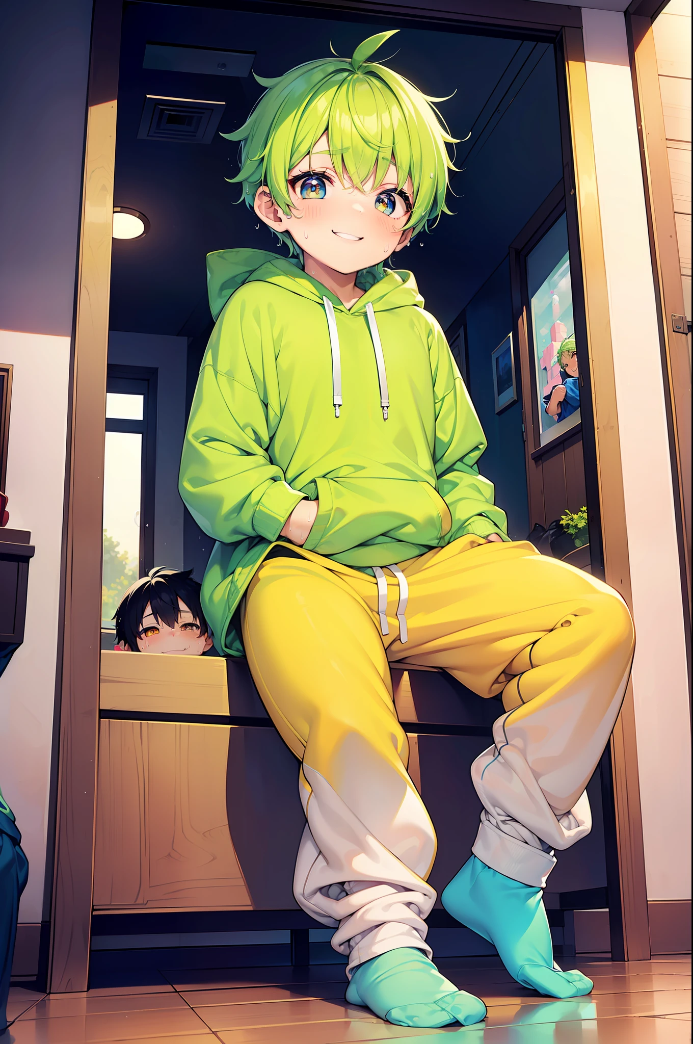 Masterpiece, chubby  with green hair and shiny bright orange colored eyes and small socks wearing a hoodie, and oversized sweatpants sitting in a his room, raining outside window, young, boy, child, small, toddler, soft light, (sweatpants:1.4), (undersized socks:1.4), (Boy:1.4), (Shota:1.4), (Young:1.4), (Male:1.4), (smiling:1.4), (foot:1.4), (shy:1.4), (pastel:1.0), (colors:1.0), (cute colors:1.0), (divine:1.0),