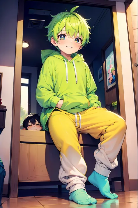 masterpiece, chubby little boy with green hair and shiny bright orange colored eyes and small socks wearing a hoodie, and oversi...