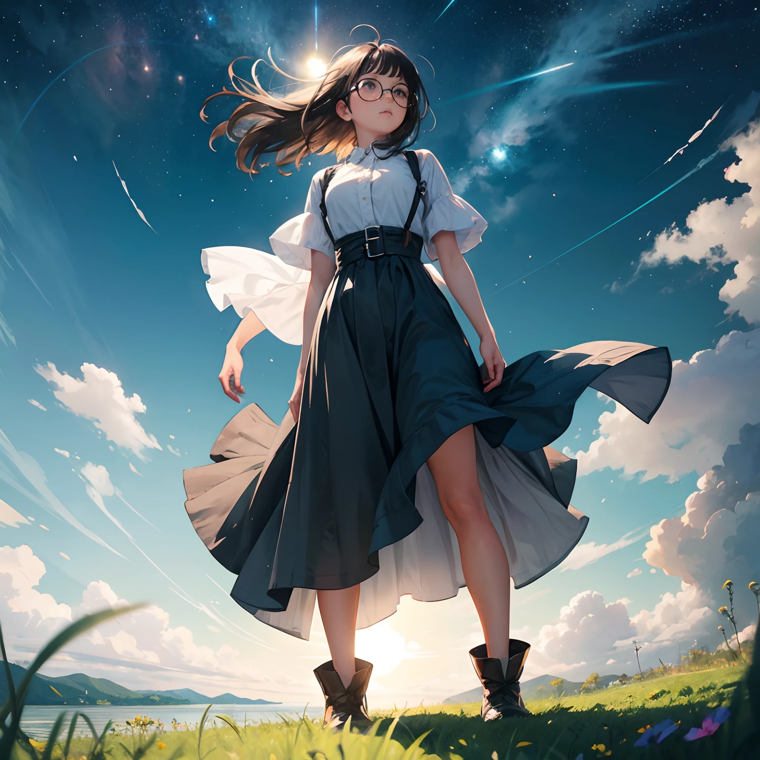 aquarelle，galactic, starrysky, 8K resolution, Full body photo，s the perfect face，grassy fields，Lake surface，actionpose，dynamic blur，More detail, Higher quality, Perfectcomposition, Cinematic lighting，starrysky，star ocean，inverted image，tmasterpiece，blurred lens，Blowing in the wind，Gaze at the night sky，head looking up，look up to