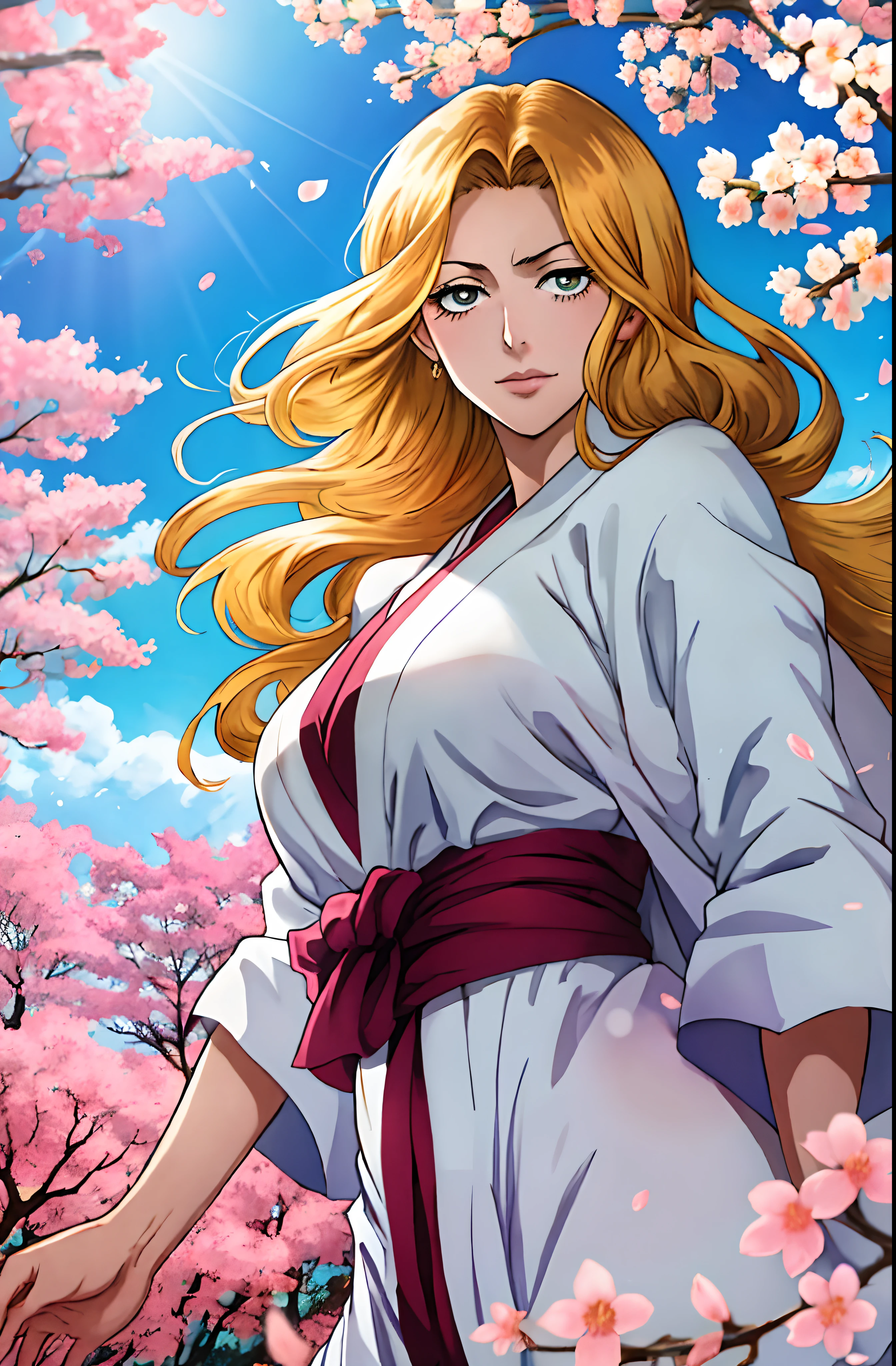 (masterpiece, colorful manga-style illustration:1.3), (captivating portrayal of the character Rangiku Matsumoto from the anime "Bleach" by Tite Kubo:1.2), (digitally illustrated to capture the manga's aesthetic:1.2), (Rangiku Matsumoto depicted in a serene cherry blossom forest:1.1), (vibrant colors and dynamic lines reminiscent of manga artwork:1.1), (her distinct appearance and personality shining through:1.1), (surrounded by blooming cherry blossoms that enhance the scene's beauty:1.1), (intricate details in her attire, hair, and surroundings:1.1), (an illustration that pays homage to the anime's iconic characters:1.1), (the fusion of character and environment in a single frame:1.1), (a snapshot capturing the ethereal allure of Rangiku Matsumoto within the enchanting forest:1.1)). Effect: "Volume and natural lighting", "depth of field", "ISO 85%", "great shutter aperture", "better shutter speed", "great exposure", "great sharpness", "anti-aliasing" , "great RAW camera", "great curves and lighting levels", "great sharpness", "better High Pass Filter", "better Guassian Blur filter", "Better unsharp mask for depth of field effect and detail enhancement ", "(octane rendering)", "realism shading", "professional focus mode", "professional post production", "Fujifilm XT3 Film Grain", "smoothness:1.2", "edge smoothness", "coherent colors", "saturation +14%"
