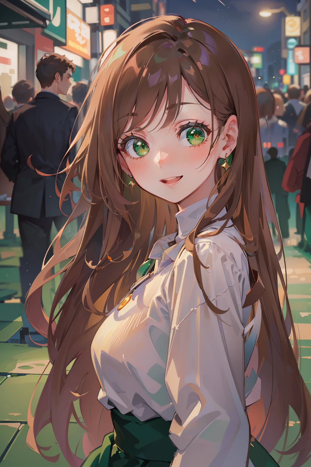 (masterpiece), best quality, ultra high res, sharp focus, ((1 woman, solo)), (warm pastel color), perfect feminine face, full body, long shot, (in the night time:1.2), on the vibrant city, in the crowds, beautiful detailed hair, chesnut brown hair, long hair, ((beautiful shape eyes, green eyes)), beautiful face, smiles, look at the viewer