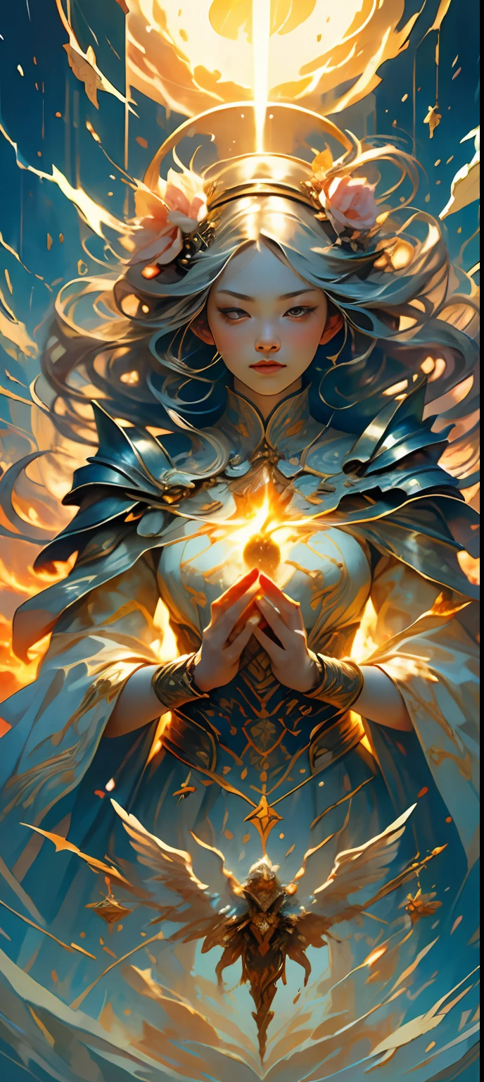 1 girl, Korean, delicate face, beautiful, big eyes, full body, sacred, high cold, flowing hair , face details, gorgeous armor, gorgeous accessories, fair skin, silver-blonde hair, sacred, masterpiece, (flower), (thunder), (fire), (water), lightning, rain, scattered pieces of paper, hands folded, fantasy, holy light, reality and dream combined, 8k, top, best quality, masterpiece, premium, close-up, from the front, facing the audience, full body, solo