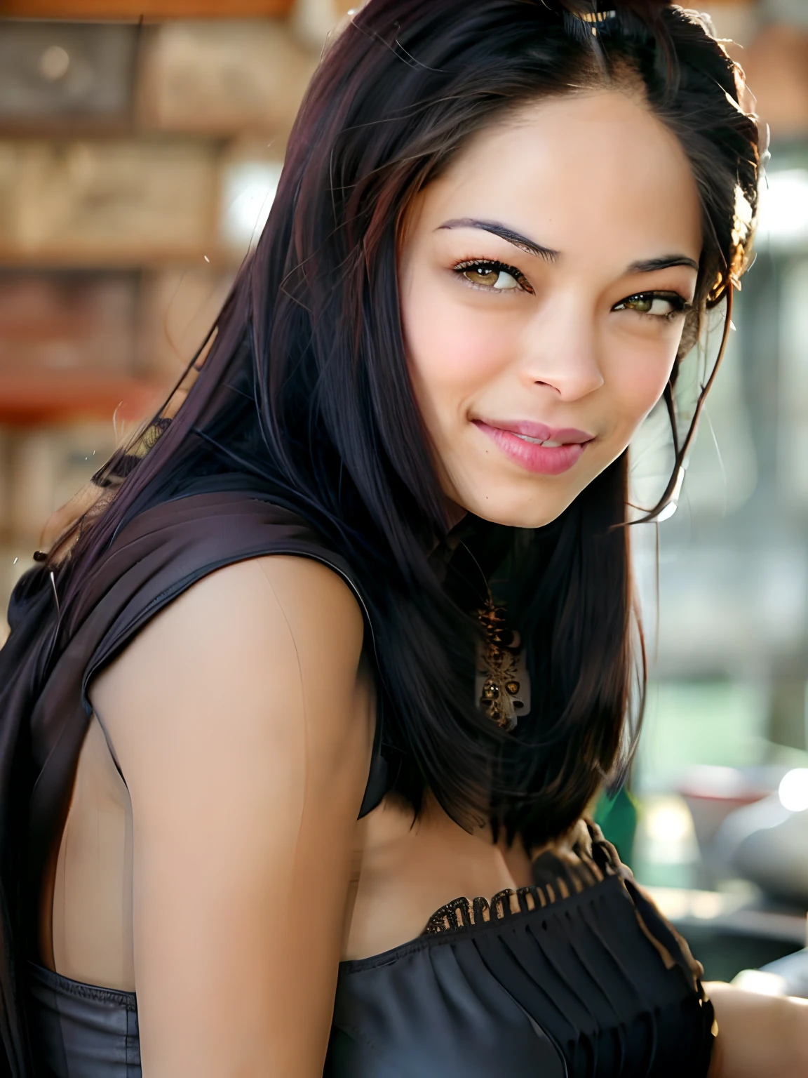 Kristin Kreuk usando espartilho preto, decote, olhando por cima do ombro para a câmera, grande_seios