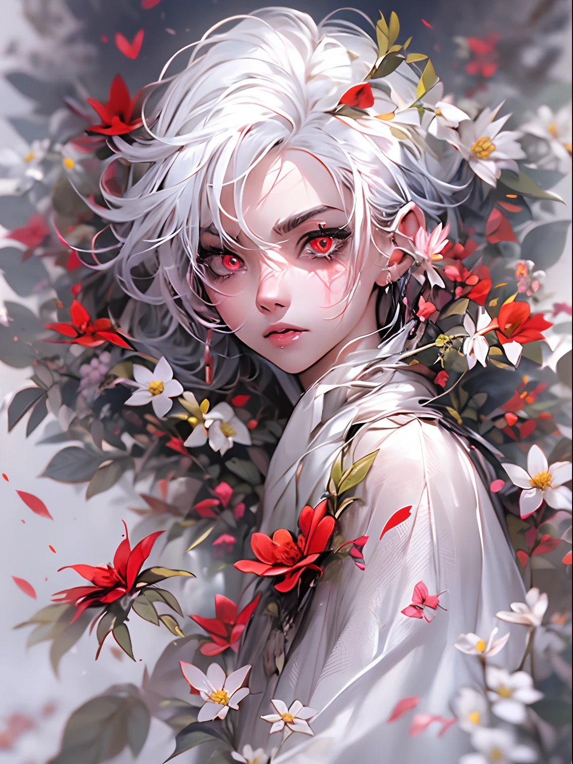 White hair，Flowers with eyeballs，Flowers with eyeballs，white blossoms，hoang lap，uncanny，Atmosphere of despair，abstract backgrounds，with multiple eyes，Wings，Perfect face，huge size eyes，red color eyes，opens his eyes wide，rich colours，Colorful，Motion blur，actionpose，dynamic blur，tmasterpiece，Rich graphics，Storytelling images，high qulity，blurryforeground，A high resolution，high detal