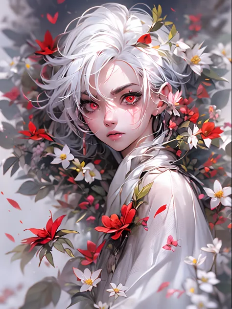 White hair，Flowers with eyeballs，Flowers with eyeballs，white blossoms，hoang lap，uncanny，Atmosphere of despair，abstract backgroun...