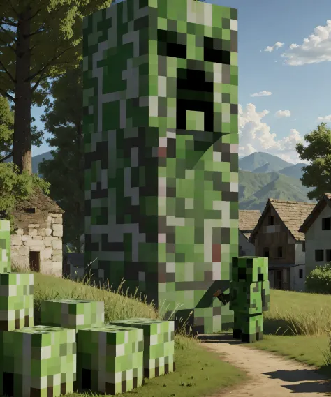 giant creeper in a small village, high detail, sharp focus, full body, photorealistic, hdr