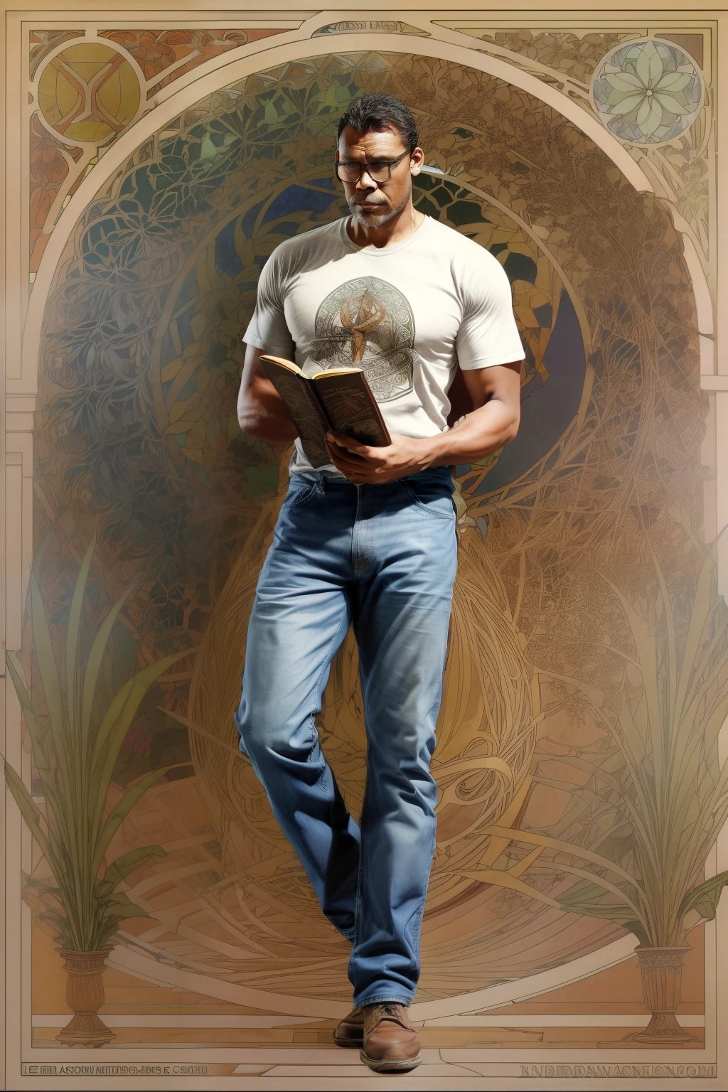 guttonerdvision10, um homem sentado ao lado de uma arvore, in jeans and t-shirt, lendo um livro, pixiv, intrincate, alphonse mucha style