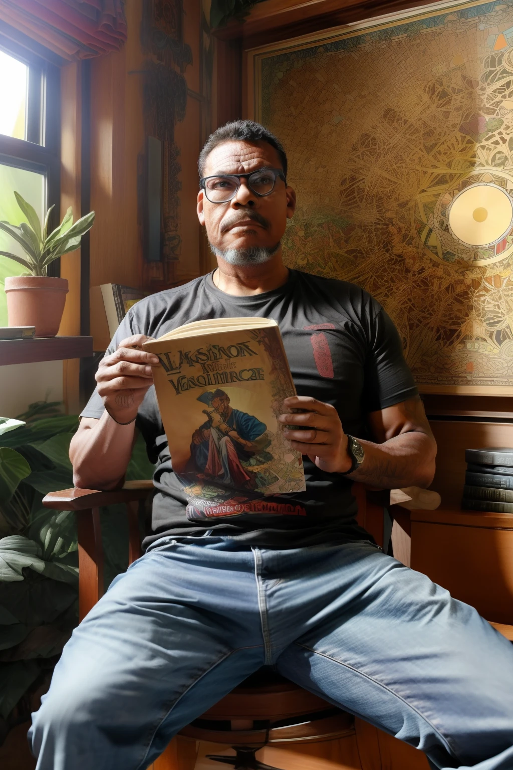 guttonerdvision10, ein Mann, der neben einem Baum sitzt, in Jeans und T-Shirt, ein Buch lesen, pixiv, intrinsisch, Alphonse Mucha Stil, Science-Fiction