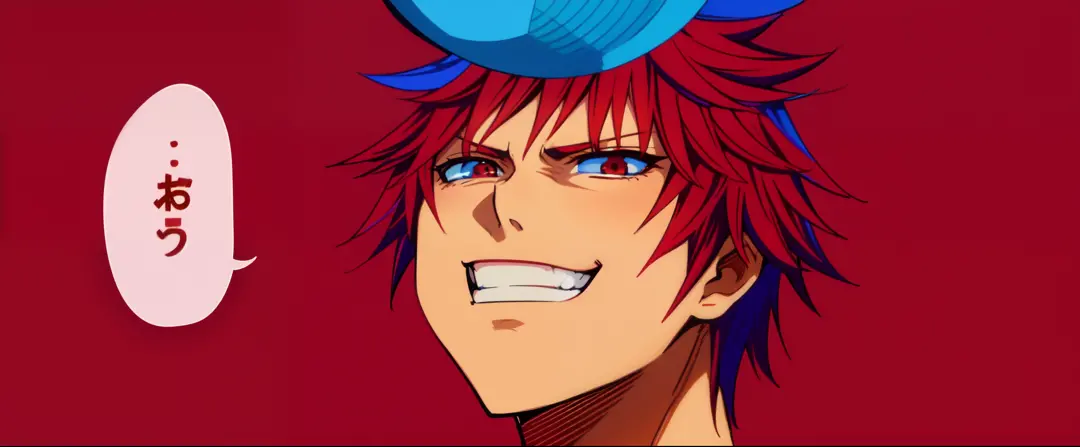 a anime of a boys manga, close up, red blue hair color, ball, smirk smile, text manga, color manga, manga color, color manga, co...