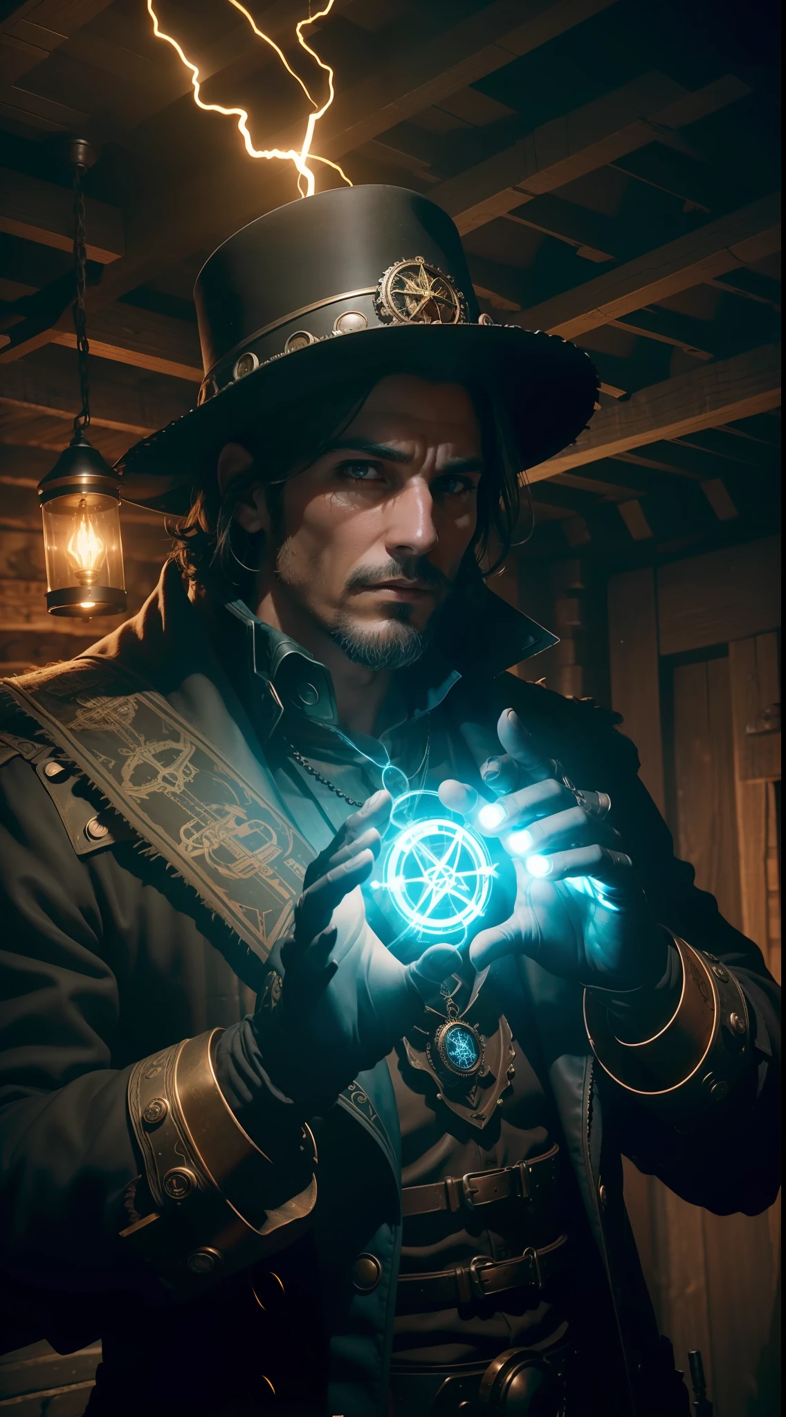 Un hechicero steampunk futurista, haciendo conjuros con las manos, Lights emerge from his hands forming symbols of ancient magic, Dark atmosphere of an old, dusty cabin, cinematography lighting, Movie poster style, obra maestra, Hyper detailed composition, ultra realista, profesional photography, 8k