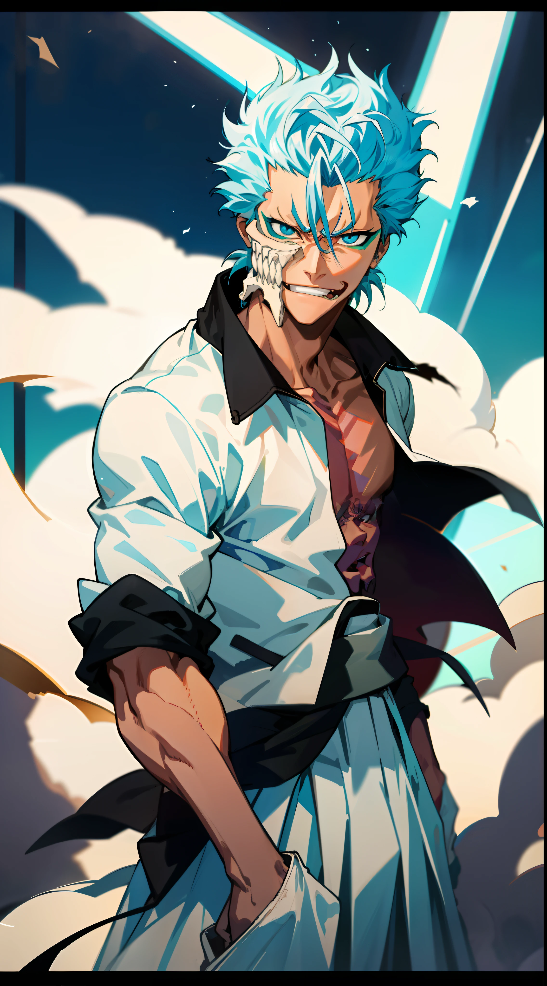 masterpiece, best quality, 1boy, grimmjow jaegerjaquez, at night, night, low light, natural light, fighting pose, white pants,  white jacket, smiling with tongue out, damaged clothes, damaged skin, street, japanese street, low light, light rays, aura power, floating particles, doing a power,  holding a katana, zanpakutou, angry eyes, angry face, smiling, looking ahead, male focus, strong muscles, movie composition, deth of field, bokeh