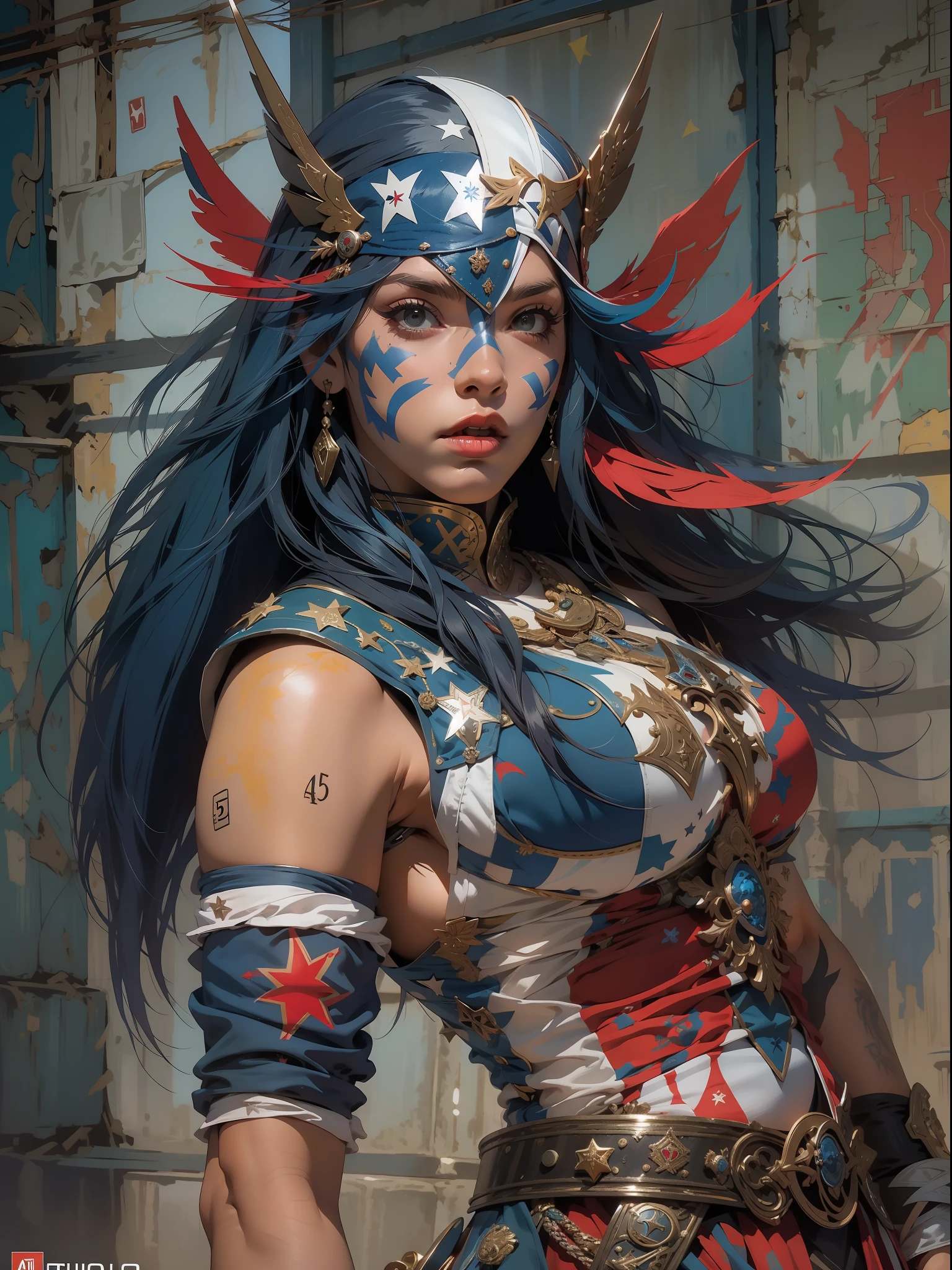 A woman with a blue and red costume and a horned headpiece - SeaArt AI