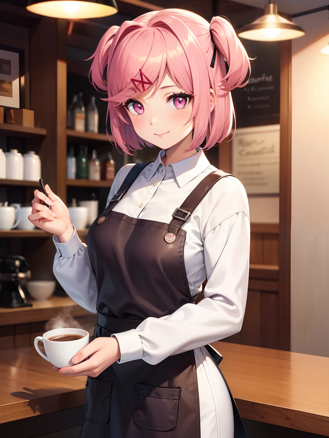 Masterpiece, realistic, best quality, best lighting, 1 girl photo solo, coffee shop, a girl work as barista,  wear white longsleeves shirt, wear apron, making a coffee, coffee machine, worker, smile, serving customer, natsuki, pink eyes, pink hair, two side up, hair ornament, hair ribbon