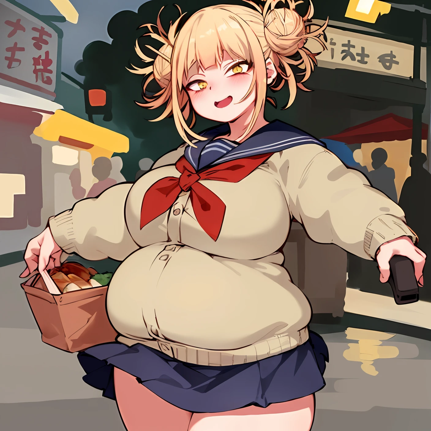 Anime girl with a bag of food in her hand - SeaArt AI