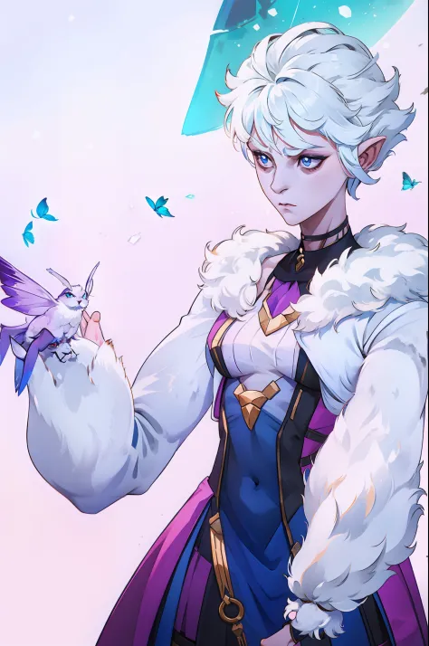 androgynous moth girl with a flat chest, white fur on her body, muscular, furry wrists, furry choker, short white curly hair