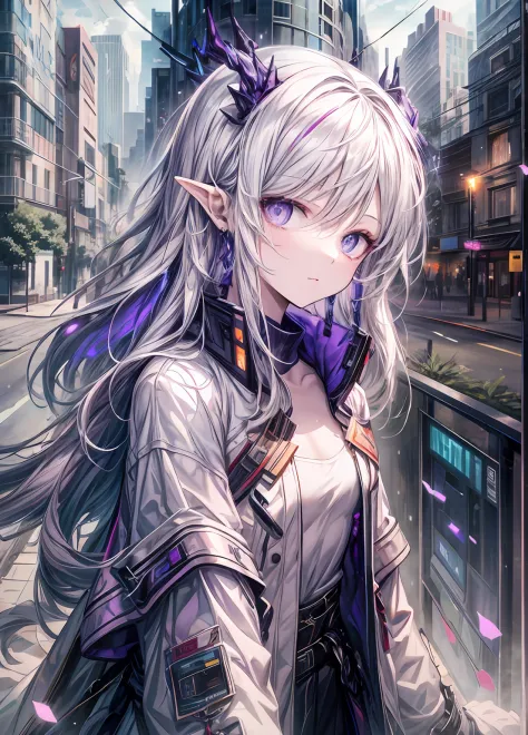 Aura rojiza, In the bustling atmosphere of a modern fantasy city, A young woman with long white hair moves forward with a presen...