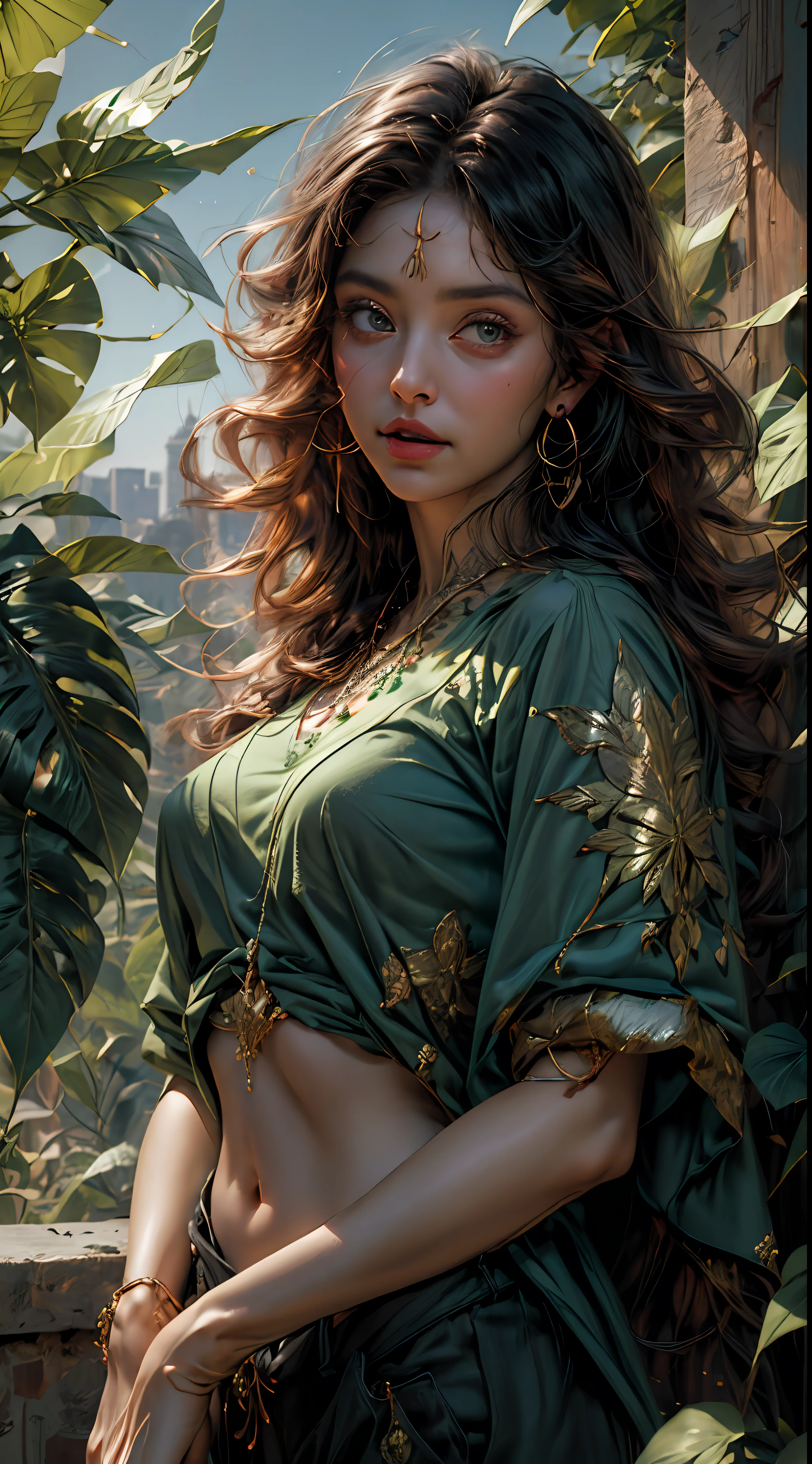 (RAW Photo, Best Quality), (Realistic, Realistic: 1.3), Best Quality, Highly Detailed, Masterpiece, Hyper Detail, Illustration, 1 Girl, upper_body, Dynamic Angle, World Mastery Theater, messy_long_hair, Best Quality, Extremely Detailed CG Uniform 8k Wallpaper, Ink, Breathtaking, Cinematic Light, lens_flare, gufeng_style, Fantastic Big Eyes, Green Clothes, (Heavy makeup: 1.2), exotic, desert, (laughs: 1.2), (gold leaf), monstera, bamboo, scarf floats up, Sony main shot