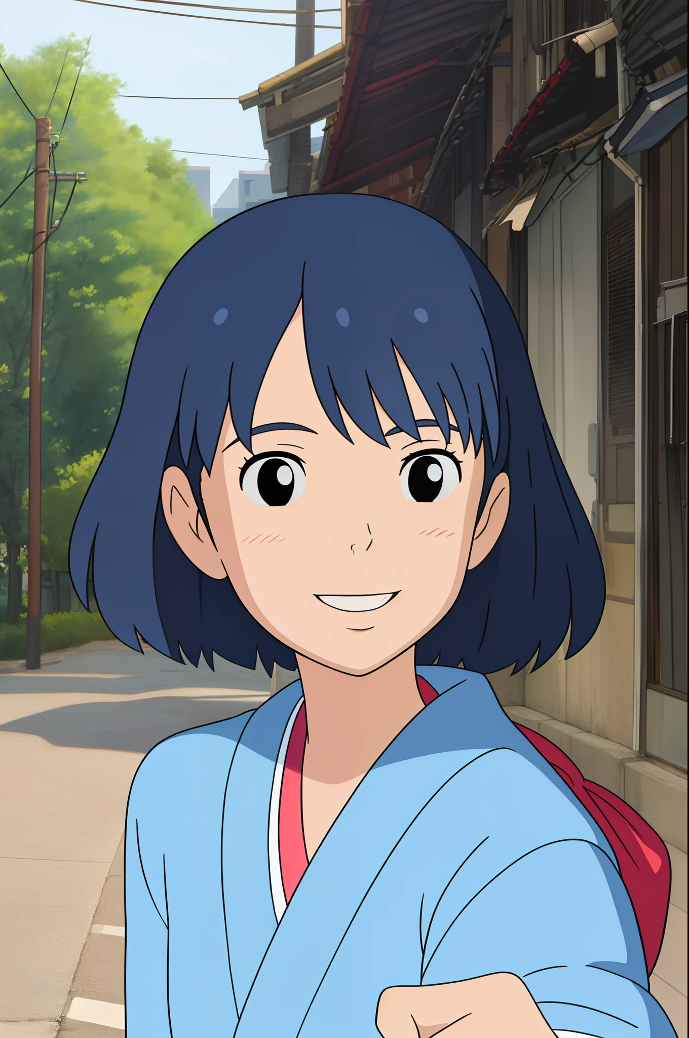 ((melhor qualidade)), ((Obra de arte)), (detalhado), 
1 garota,estilo japonês, casual, tronco, Sorriso, saudações, rubor, rua
 Hayao Miyazaki