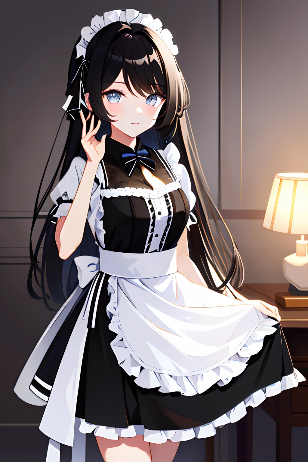 Di Li Gerba， hentail realism，1girll， 独奏， long whitr hair， mediuml breasts， （Split color hair， Black hair， Dark black hair： 1.3）， Blue and black eyes， ssmile， standing on your feet， dynamicposes， 8K， tmasterpiece， best qualtiy， absurderes， The perfect maid， cinmatic lighting， cowboy lens， （the maid outfit：1.1）， （liveroom、Bedrooms：1.1），Home