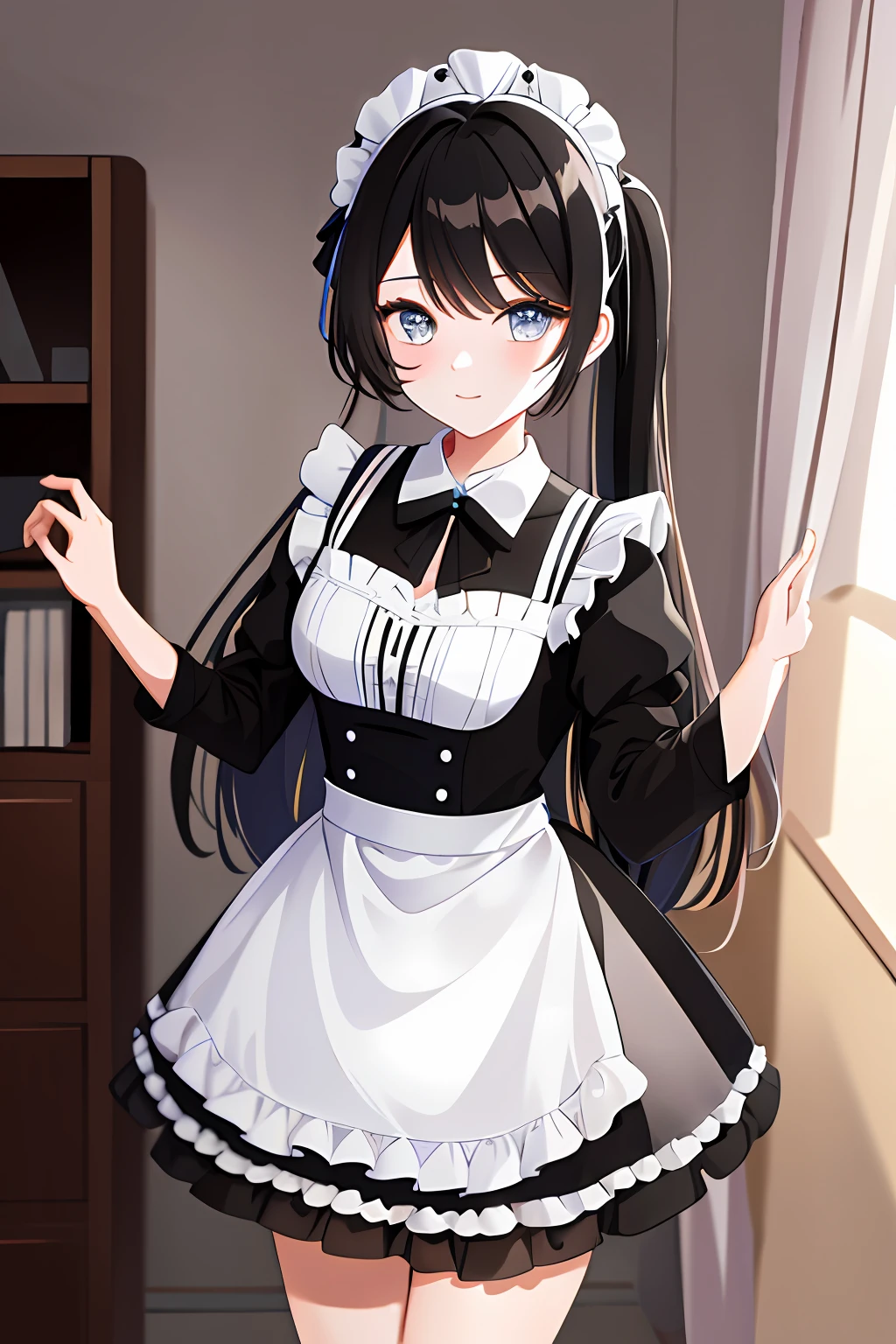 Di Li Gerba， hentail realism，1girll， 独奏， long whitr hair， mediuml breasts， （Split color hair， Black hair， Dark black hair： 1.3）， Blue and black eyes， ssmile， standing on your feet， dynamicposes， 8K， tmasterpiece， best qualtiy， absurderes， The perfect maid， cinmatic lighting， cowboy lens， （the maid outfit：1.1）， （liveroom、Bedrooms：1.1），Home