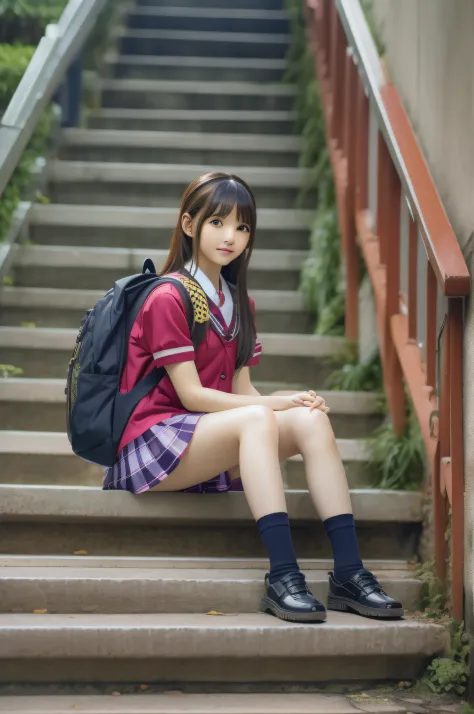 arafed asian woman sitting on steps with a backpack and backpack, japanese school uniform, wearing japanese school uniform, japa...