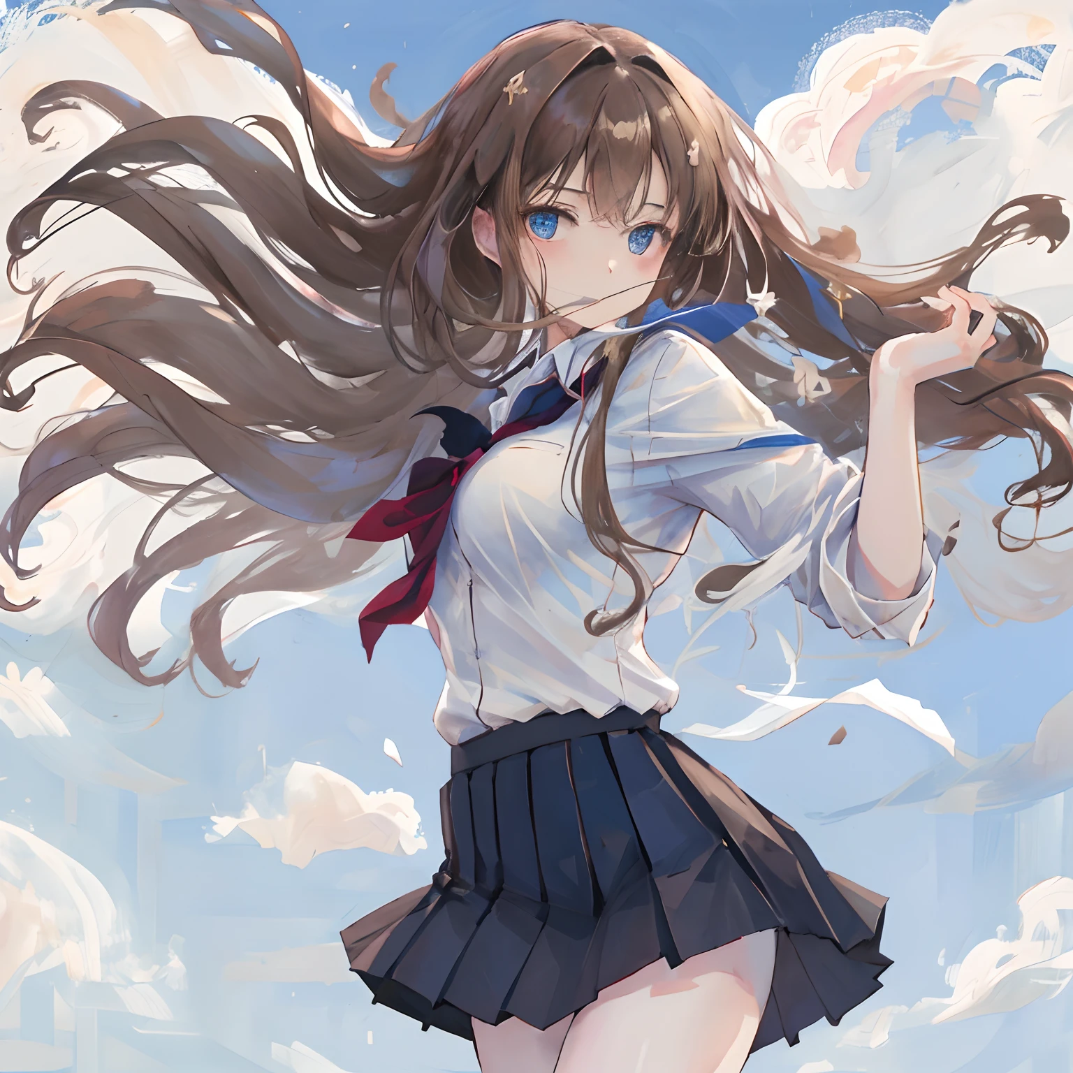 masterpiece,best quality,1girl, solo, long brown hair, hair blowing in the wind, big blue eyes, medium breasts, white button shirt, black skirt, school uniform, cute, young, posing, looking at viewers, park