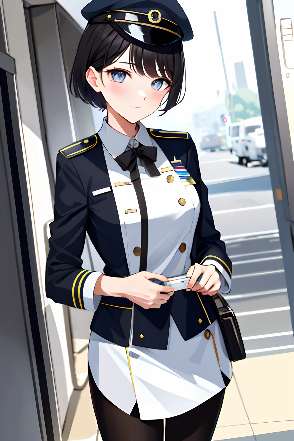 Guli Naza， hentail realism，1girll， 独奏， short detailed hair， mediuml breasts， （Split color hair， Black hair， Dark black hair： 1.3）， Black colored eyes， ssmile， standing on your feet， dynamicposes， 8K， tmasterpiece， best qualtiy， Perfect flight attendant uniform， Ladies cap，cinmatic lighting， cowboy lens， （flightattendantuniform：1.1）， （aerodrome、sobu：1.1），Street photography