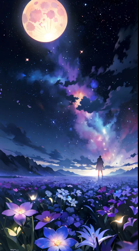 expansive landscape photograph , (a view from below that shows sky above and open field below), a girl standing on flower field looking up, (full moon:1.2), ( shooting stars:0.9), (nebula:1.3), distant mountain, tree BREAK production art, (warm light sourc...