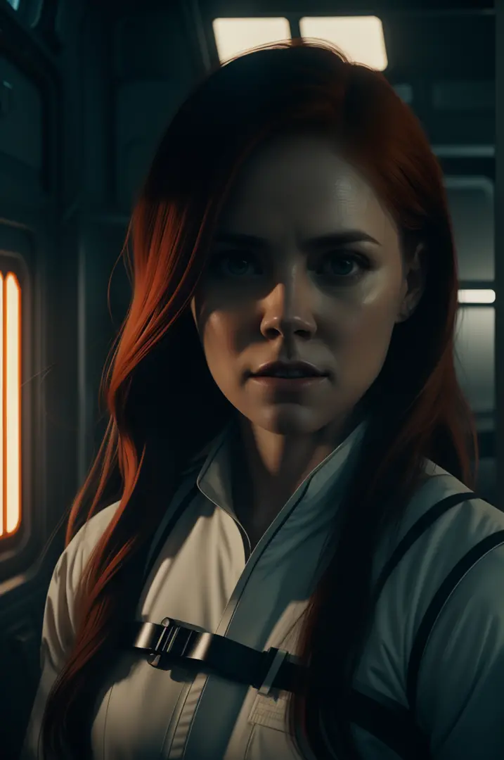 hot amy adams orange hair as a medic on ishimura horror space ship hiding photography, natural light, photorealism, cinematic re...