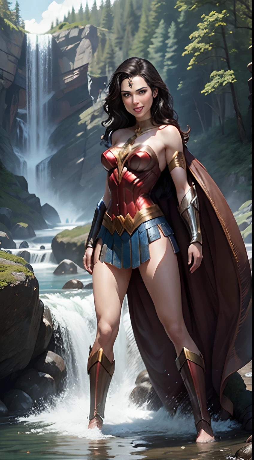 Gal Gadot As A Beautiful Wonderwoman Busty Completely Naked Dark Brown Flowing Hair Smiling