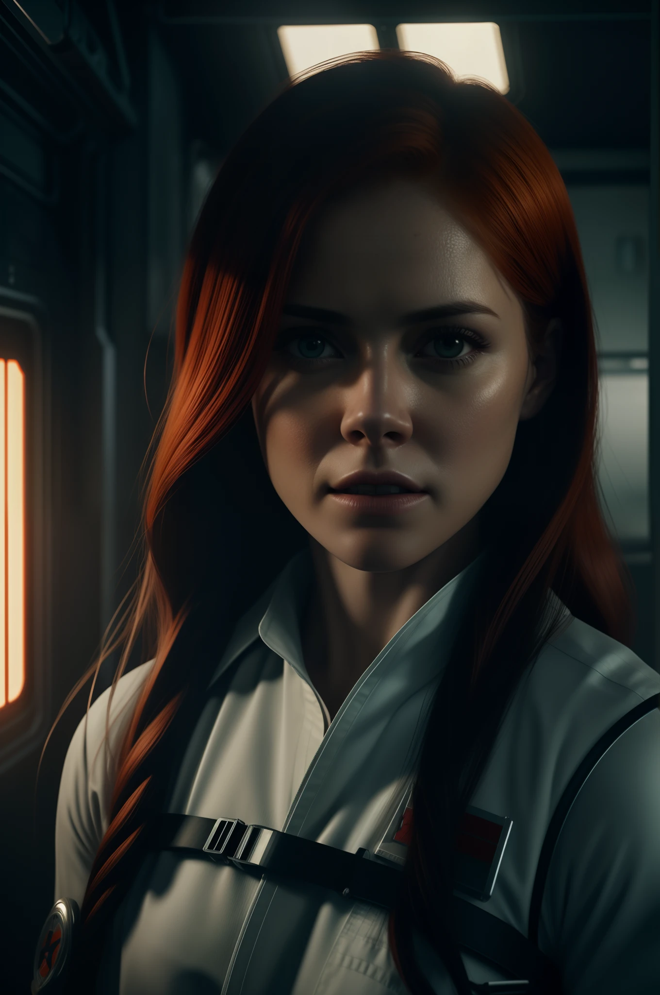 Hot Amy Adams Orange hair as a Medic on Ishimura Horror Space Ship Hiding photography, natural light, photorealism, cinematic rendering, ray tracing, the highest quality, the highest detail, Cinematic, Third-Person View, Blur Effect, Long Exposure, 8K, Ultra-HD, Natural Lighting, Moody Lighting, Cinematic Lighting