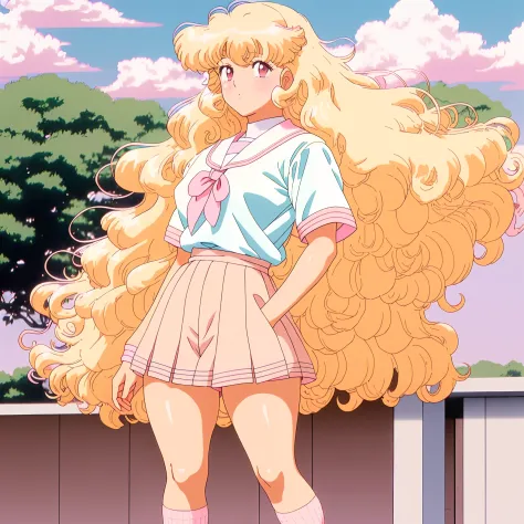 muted pastel colors, retro anime, 1990s anime, 1980s anime, brush strokes, 

1girl, female, gyaru, tanned skin, extremely curly blond hair, lots of flowing blonde curly hair, bleached hair, unique pink and beige Japanese school uniform, thick gyaru socks, ...
