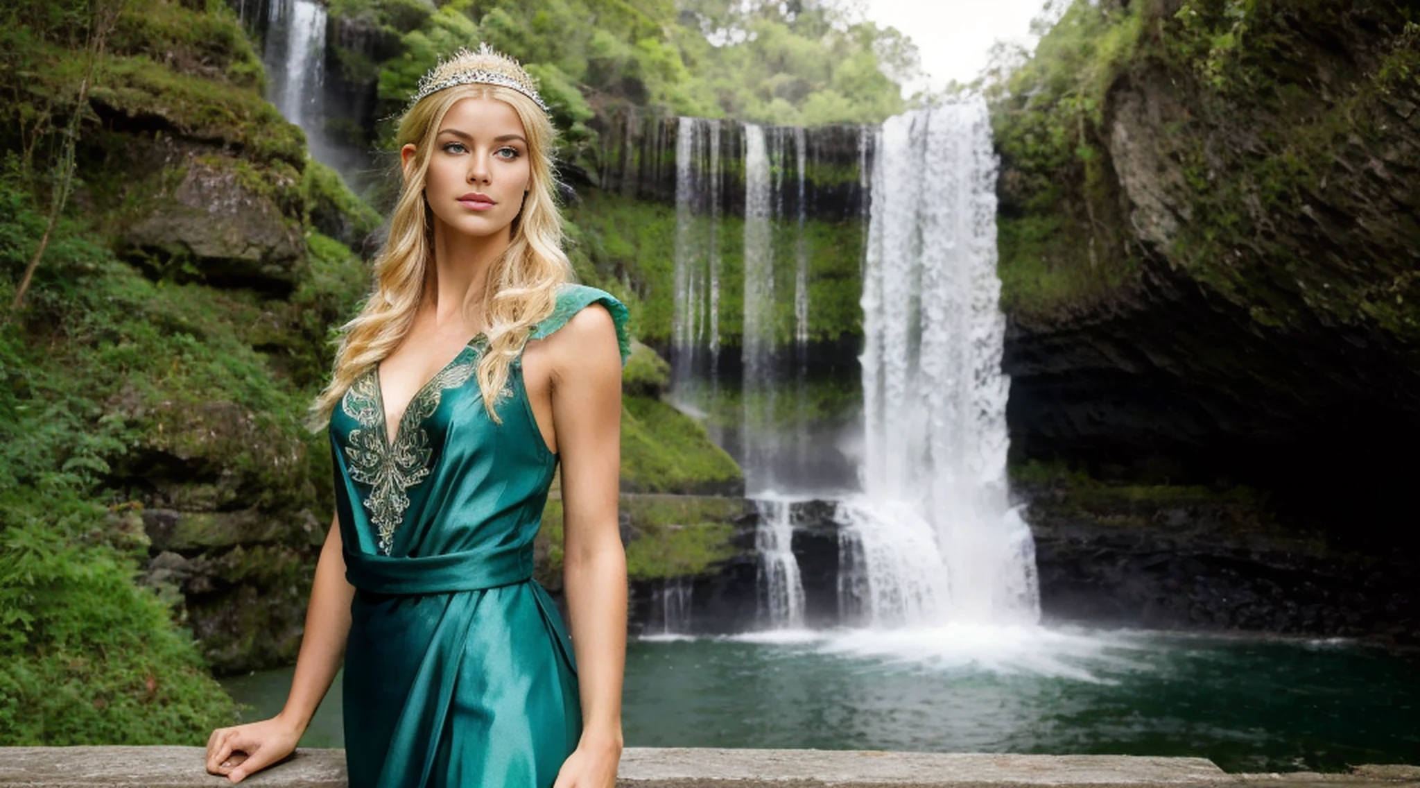 Solo 1 mujer arafed con un vestido verde con una cascada en el fondo, de cuerpo entero, muito bonito Río top model, Bela Sci - Fi-twins, personaje elfo con sonrisa, princesa elfa, hermosa princesa elfa, of elven queen galadriel, cosplay realista, Emperatriz élfica rubia, Río, sesión de fotos de fantasía, linda y elegante elfa