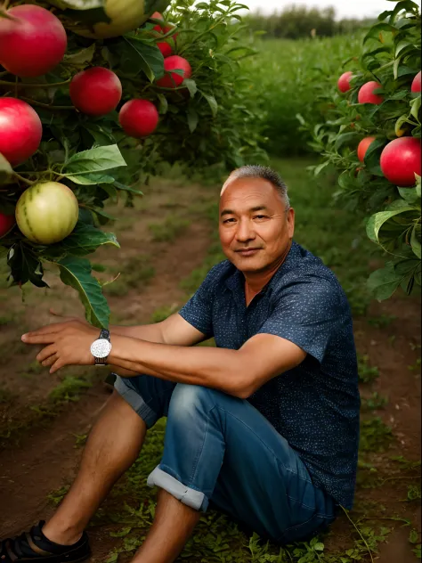 RAW photos，A 50-year-old man sits in a field full of watermelons（highdetailskin：1.2），8k ultra high definition，digital SLR camera...