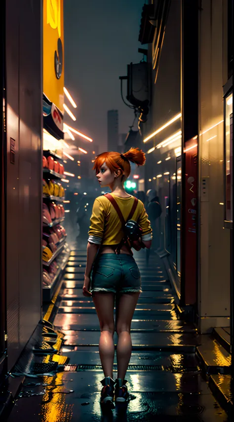 masterpiece, best quality, highres, 1girl, misty (pokemon), orange hair, yellow tops, full body view, standing in urban city,with Misty's Togetic pokemon her hand.