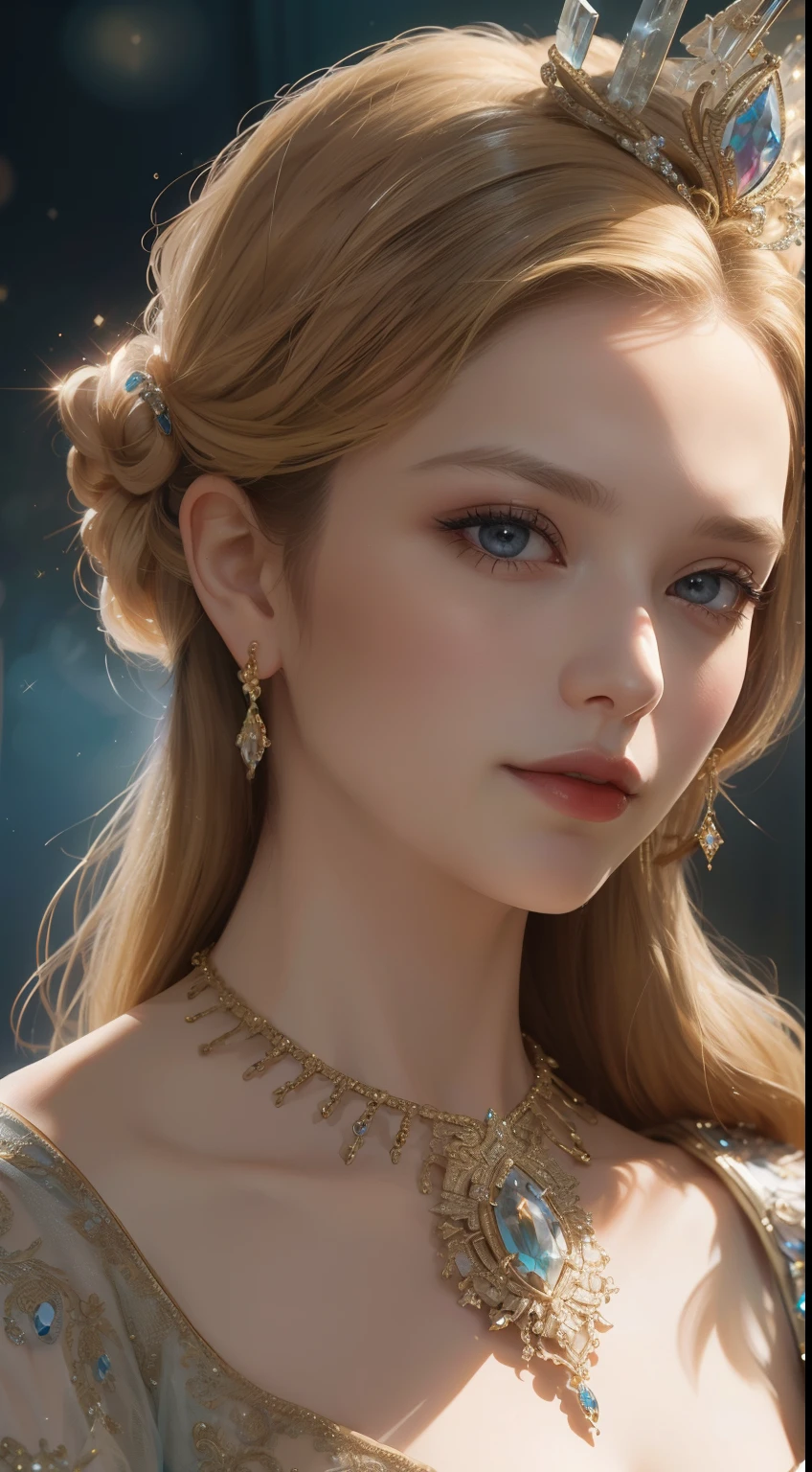 杰作，最高图像质量，一位皇家贵妇的美丽半身像，精致的金发发型，饰有令人眼花缭乱的精美珠宝，超级细节，升级版。
