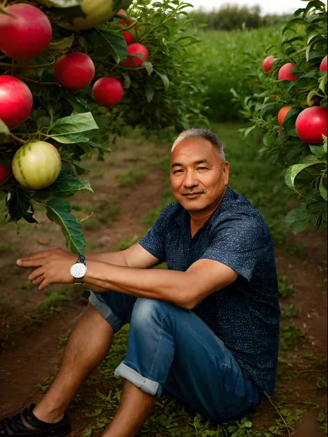 RAW photos，A 50-year-old man sits in a field full of watermelons（highdetailskin：1.2），8k ultra high definition，digital SLR camera...