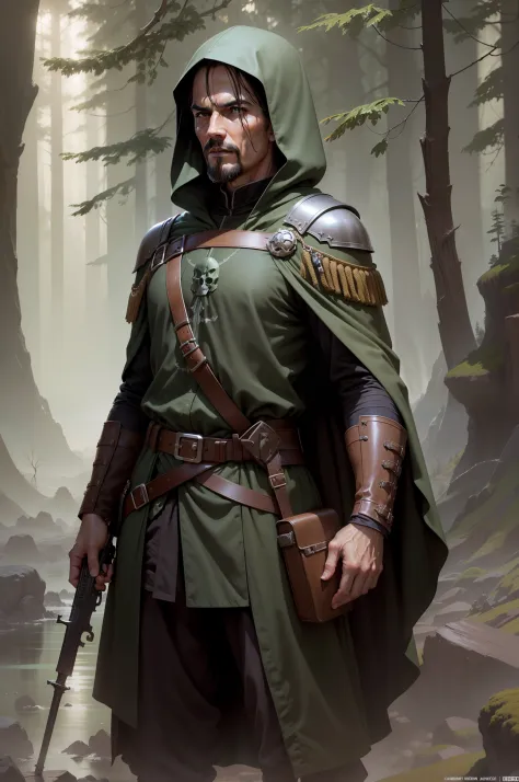 ranger in medival universe, photorealistic, hd, ( lord: dynamic pose, dark green renaissance uniform, dark cape with hood, wide belt, renaissance riffle pointing the viewer, ( skull symbol),  brown alladin trousers, wide belt with an imperial skull on a bu...