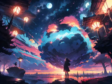 anime girl standing on a rock looking at a star filled night sky, makoto shinkai cyril rolando, anime art wallpaper 4k, anime ar...