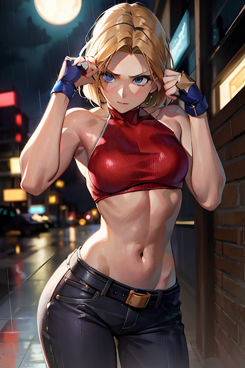 maryms, best quality, (beauty), masterpiece, 1 girl, render based on physics, ultra highres, narrow waist, thin, big eyes, long legs, (small breasts), swollen eyes, night, (rainy city), bright skin, facing the viewer, fighting posture, (close the fist), firm expression,