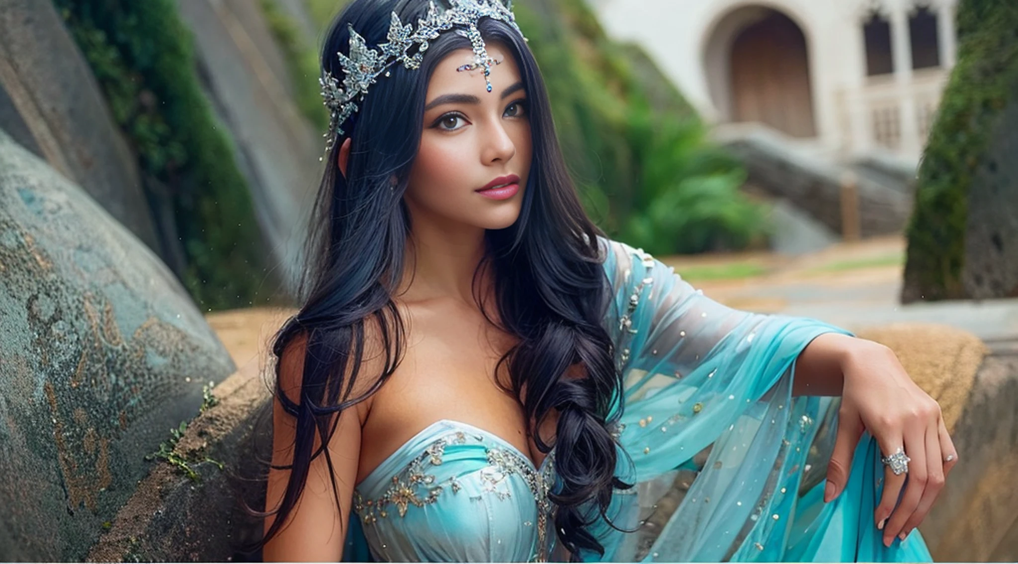 Solo 1 mujer arafed con un vestido azul claro y una cascada al fondo., cuerpo entero, muy hermosa top model de rio de janeiro, Guapo personaje elfo con sonrisa., Princesa élfica con cabello negro largo, hermosa princesa elfa, Elven Queen Galadriel, cosplay realista, Emperatriz de cabello negro largo, Rio de Janeiro, sesión de fotos de disfraces, linda y elegante elfa